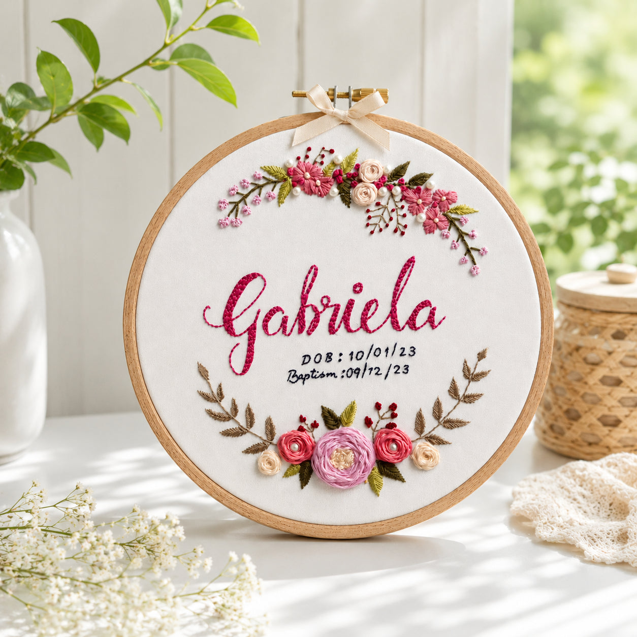 Custom Baby Baptism Embroidery Hoop Art, Handmade Floral Christian Wall Decor, Bible Verse Faith Gift, Religious Hoop EHA19