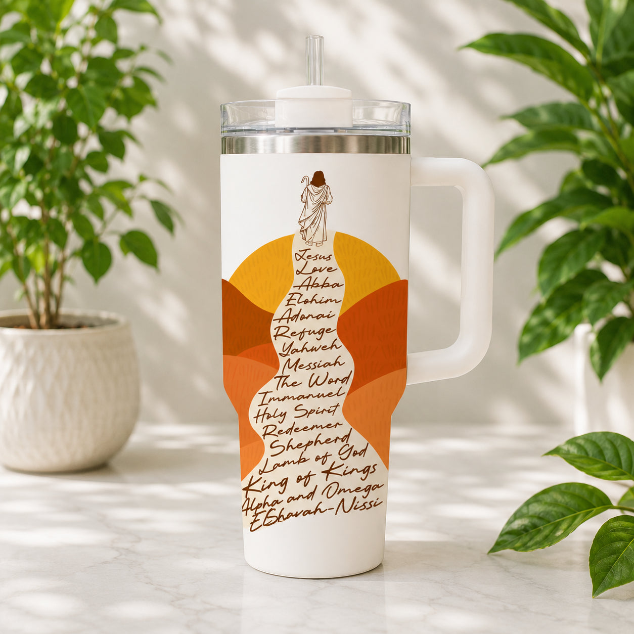 Christian Bible Tumbler 30oz/40oz, Beautiful Names of Jesus Bible Verse Cup with Handle, Faith-Inspired 40oz Tumbler, Christian Gift TUMB01