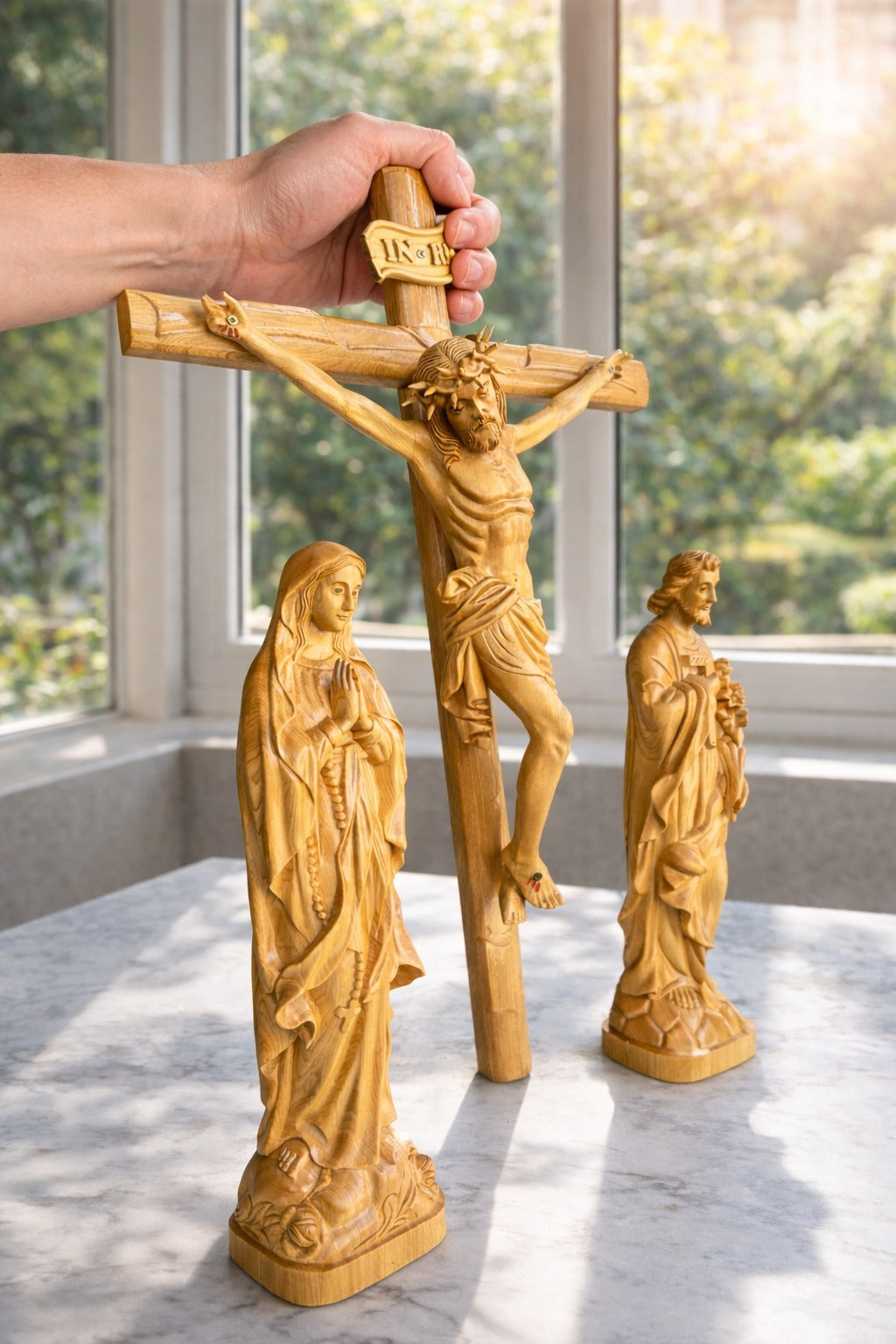 Wooden Catholic Statue Set, Crucifix Jesus Cross with Virgin Mary and Saint Joseph, Handmade Christian Religious Home Altar Decor