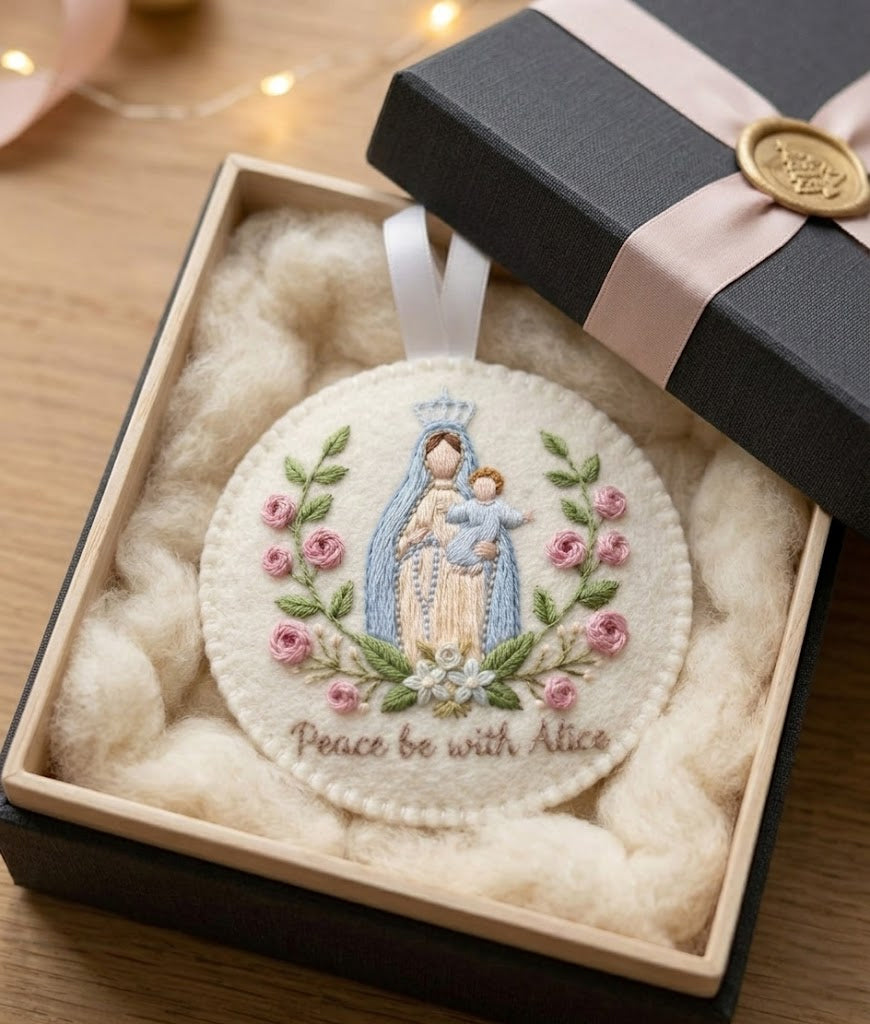 Personalized Our Lady of Peace Hand Embroidered Felt Ornament, Catholic Marian Floral Tree Decor, Our Lady Ornament, Hanging Decor, Handmade Ornament FE01