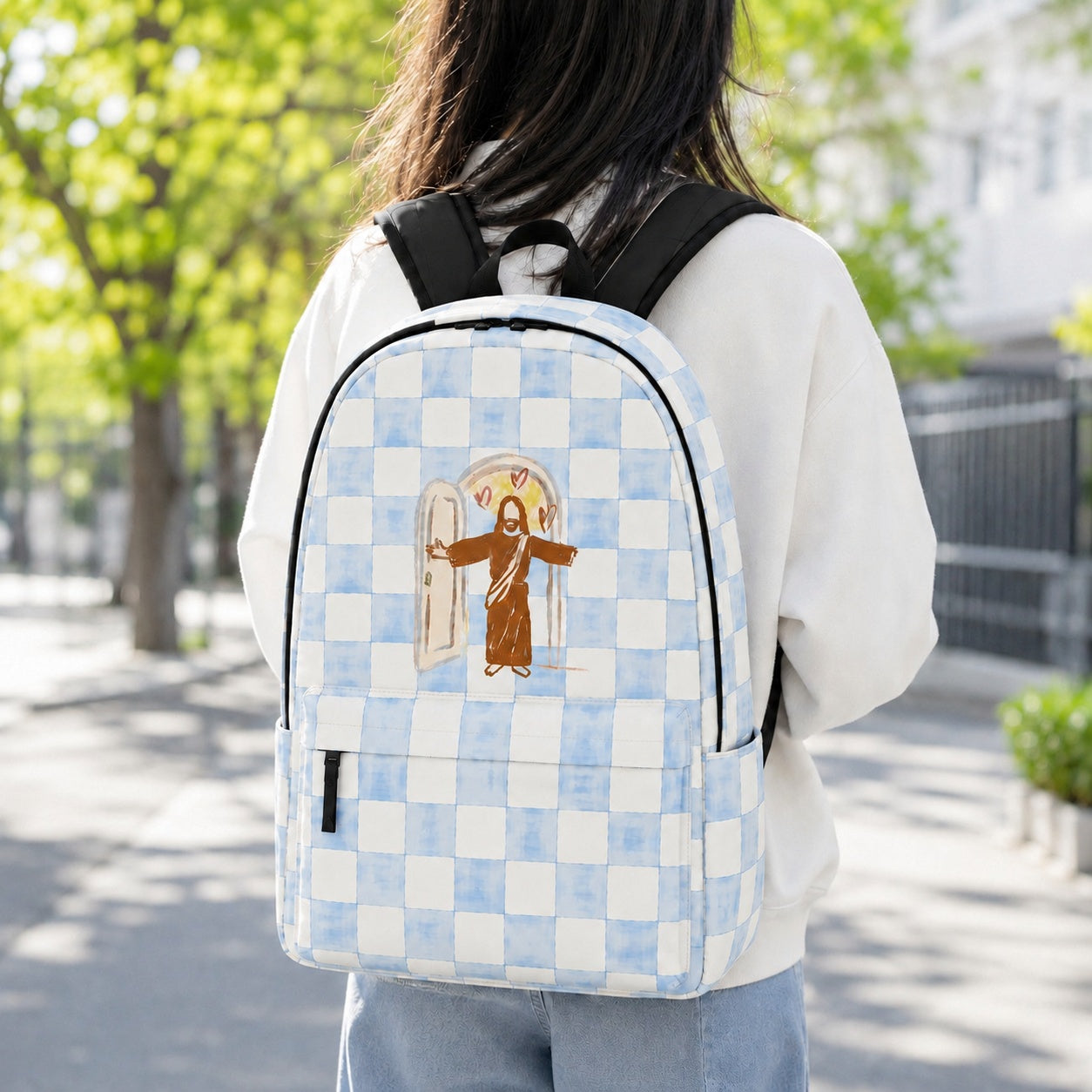 Jesus Loves You Blue Checkered Backpack, Christian School Backpack, Faith-Based Backpack, Religious Book Bag, Back to School Christian Gift, Travel Backpack PLAF78
