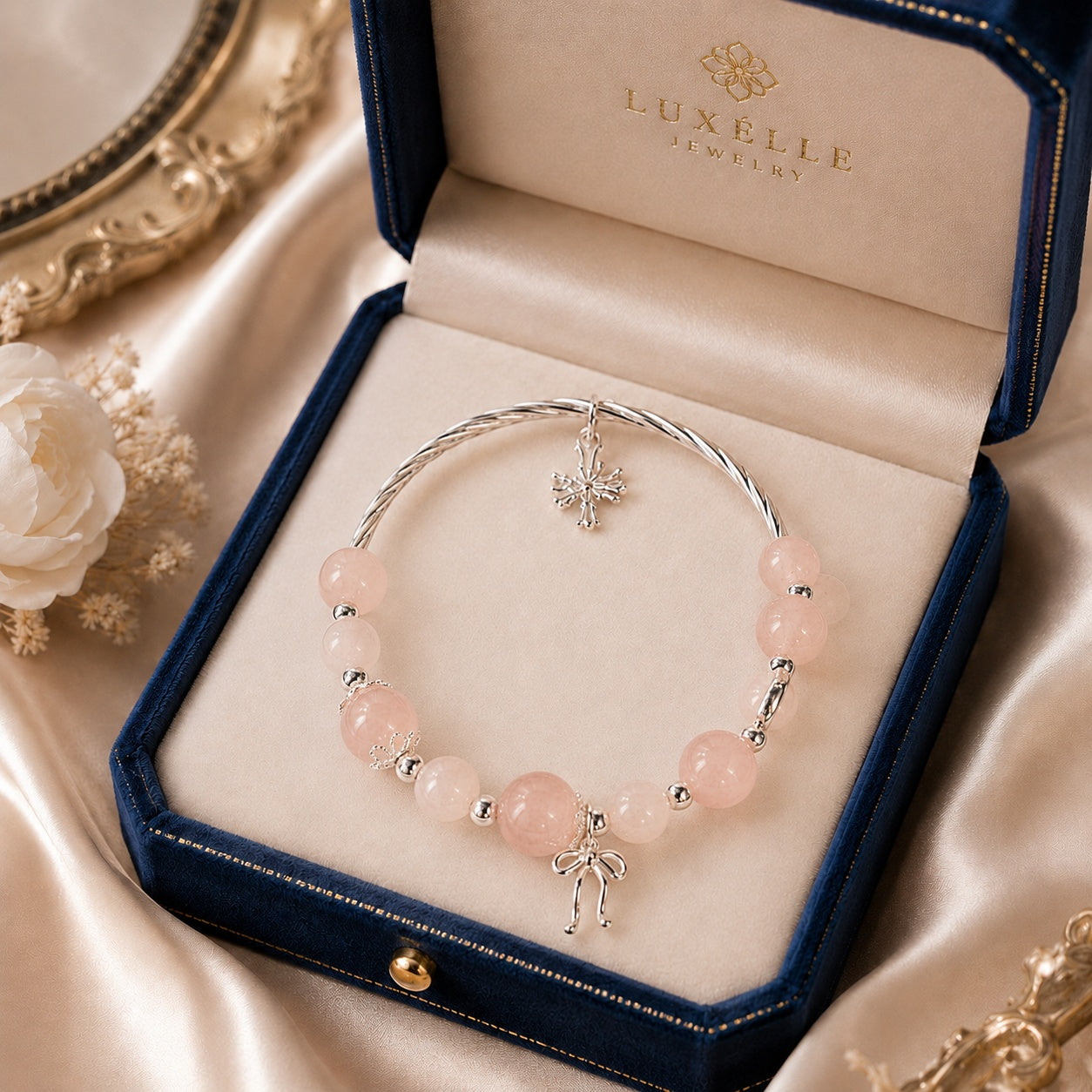 Pink Rose Quartz Beaded Bangle Bracelet with Silver Bow Charm, Elegant Handmade Jewelry Gift for Her, Bracelet  Gift  BRLAF04