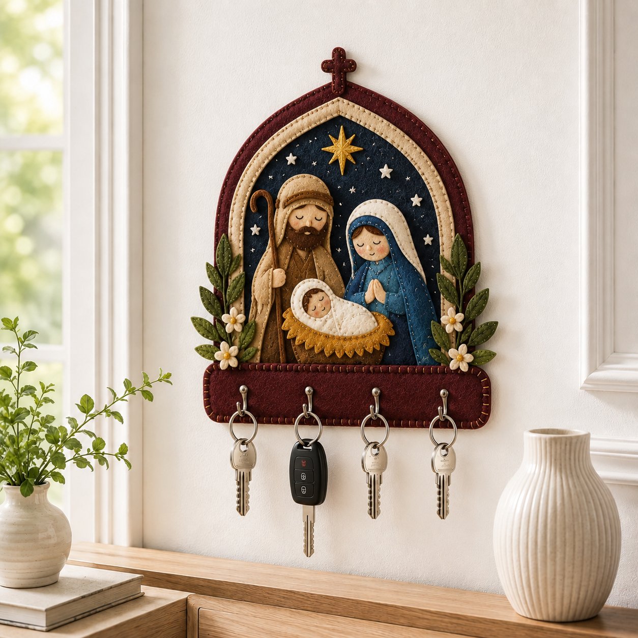 Felt Nativity Scene Felt Key Holder, Christmas Wall Hanging Decor Organizer, Handmade Holder Key, Felt Custom FELTHD01