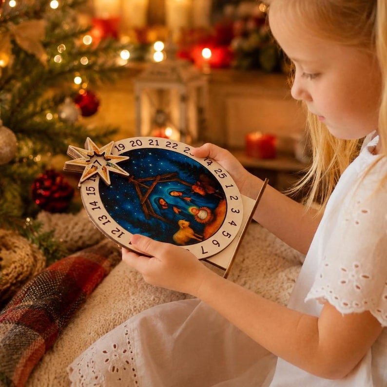 Wooden Nativity Advent Calendar, Spinning Wheel Christmas Countdown Decor, Holy Family Nativity Scene, Religious Christian Christmas Gift XMASW01