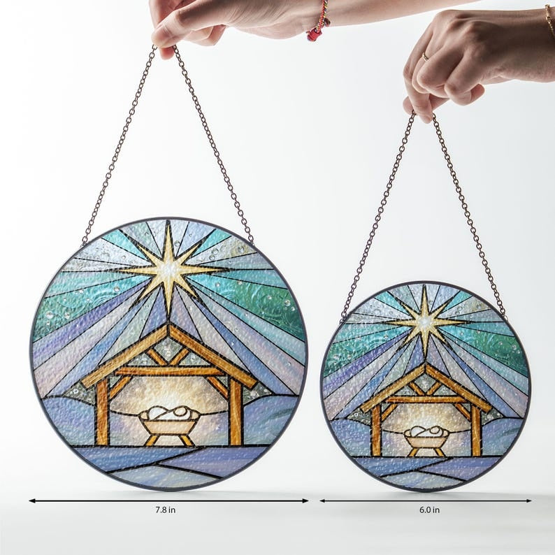 Nativity Scene Stained Glass Suncatcher, Christian Christmas Decor, Baby Jesus Window Hanging, Religious Christmas Gift, Holy Night Home Decor GLASS01
