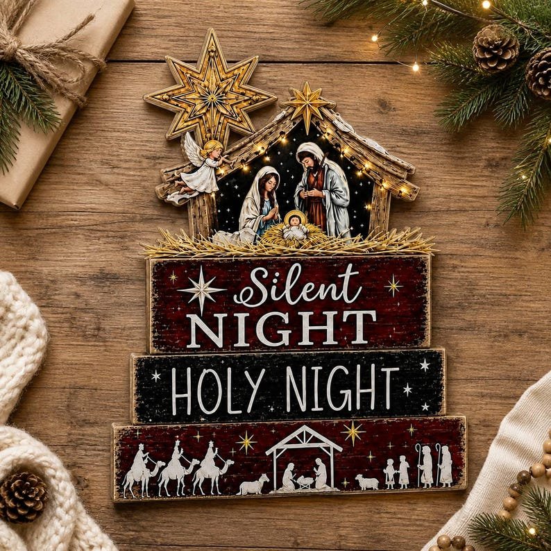 Silent Night Holy Night Nativity Wooden Sign, Christian Christmas Decor, Rustic Jesus Manger Scene, Religious Holiday Tabletop Gift WSXM01