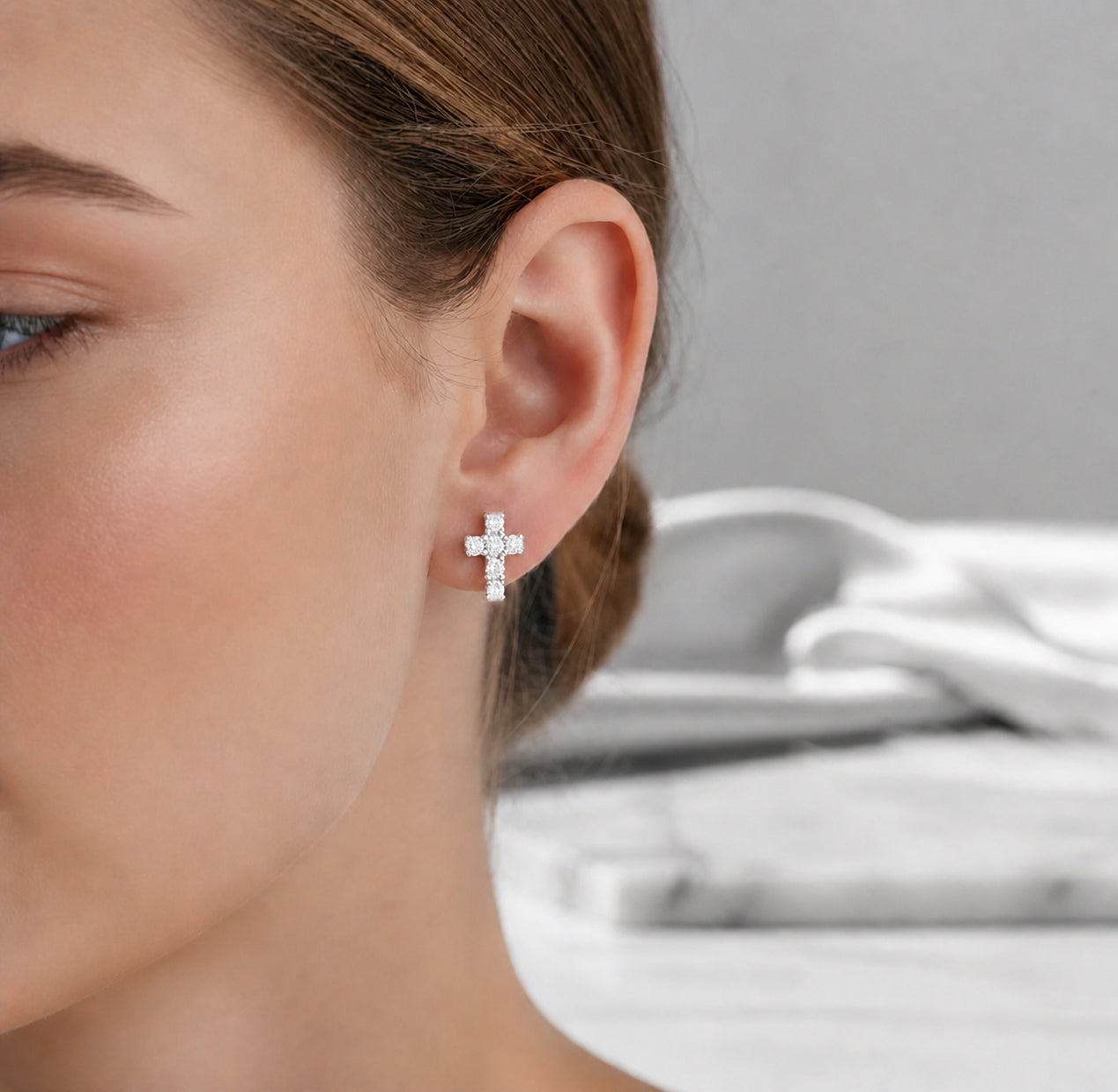 Catholic-Inspired Silver Cross Earrings, Sparkling Pave Diamond Style, Religious Jewelry Gift
