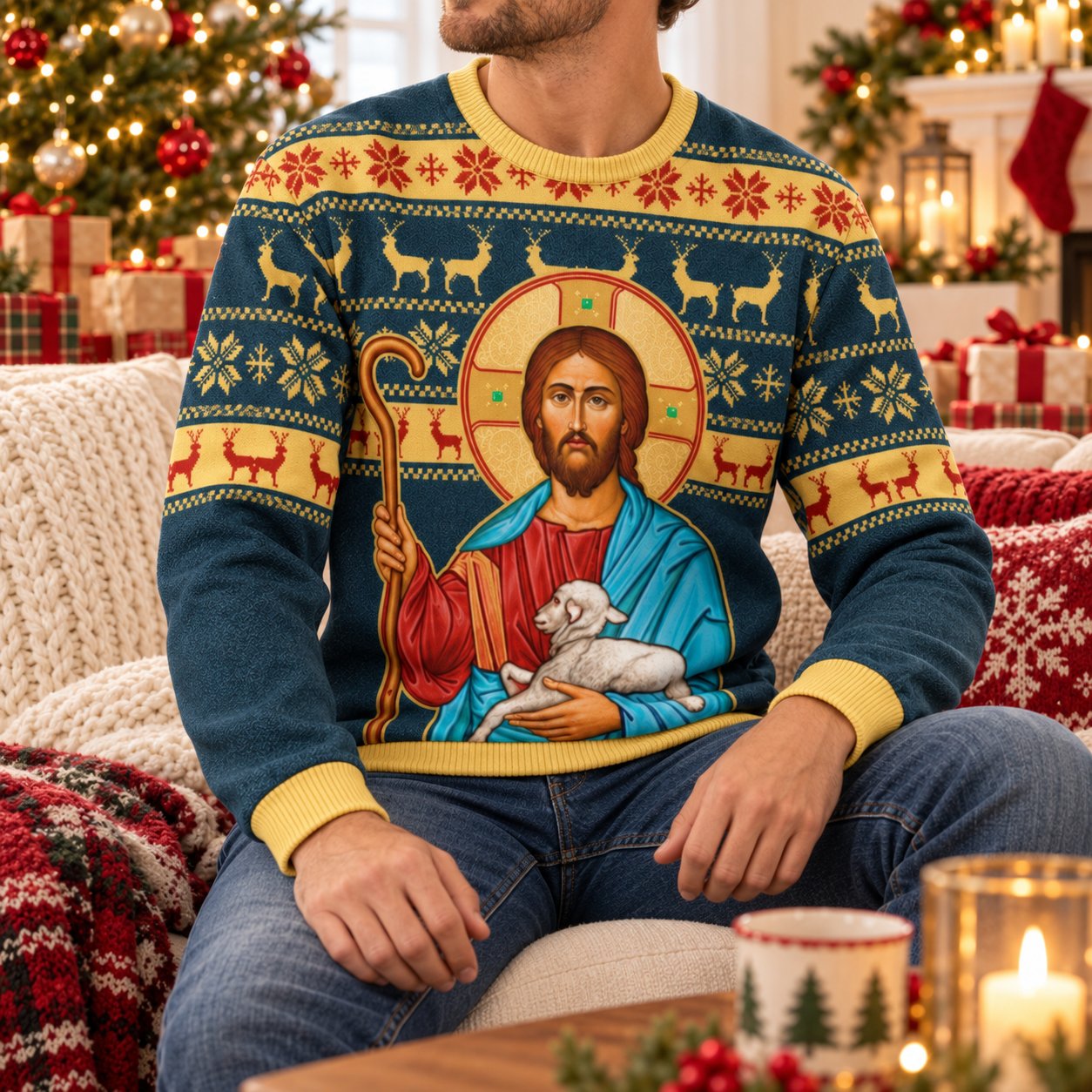 Jesus Christmas Ugly Sweater, Christian Holiday Sweatshirt, Good Shepherd with Lamb Religious Xmas Pullover, Faith Gift Shirt XMASUS01