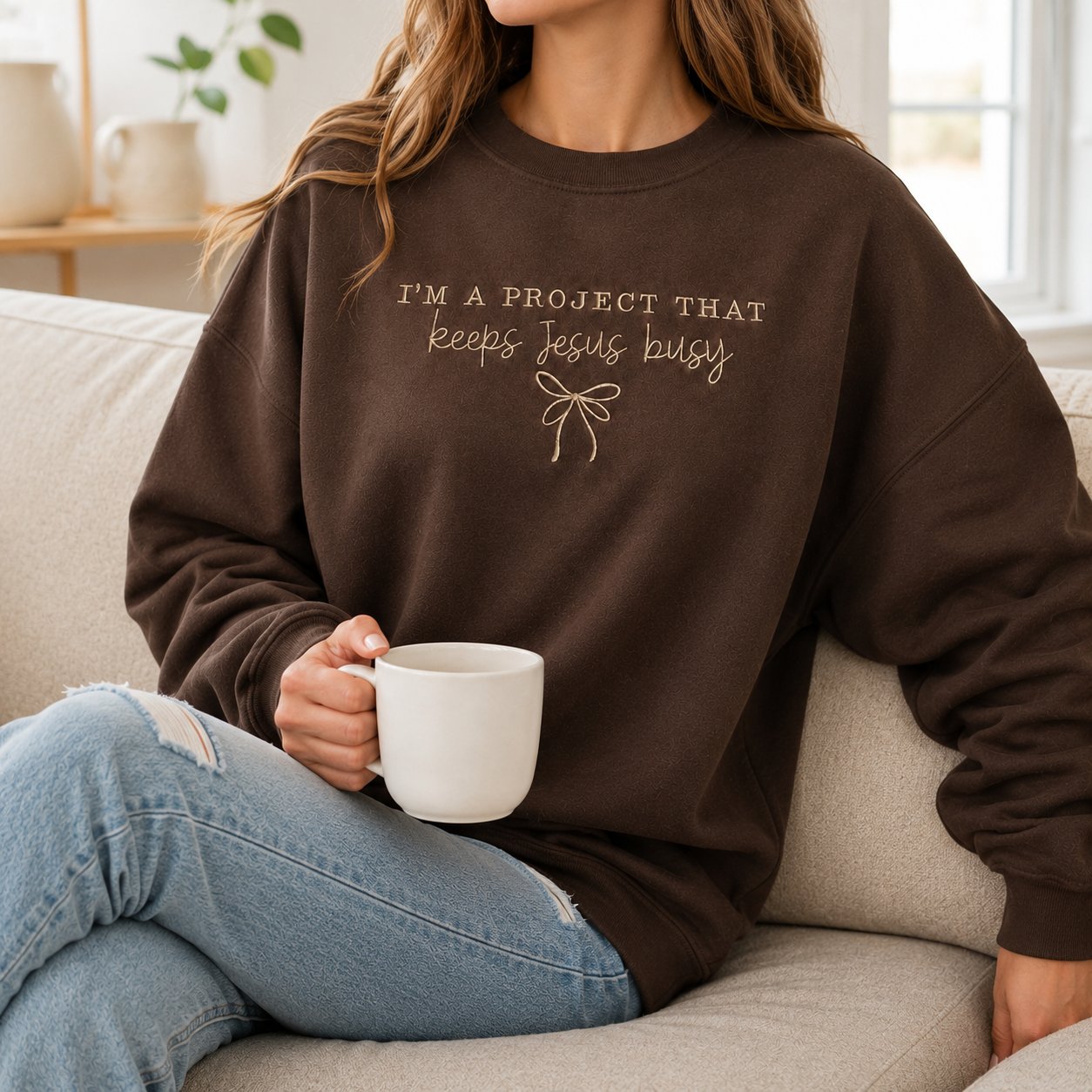 I’m a Project That Keeps Jesus Busy Embroidered Shirt, Christian Crewneck, Funny Faith Gift for Women, Coquette Bow Jesus Shirt N1EMS01