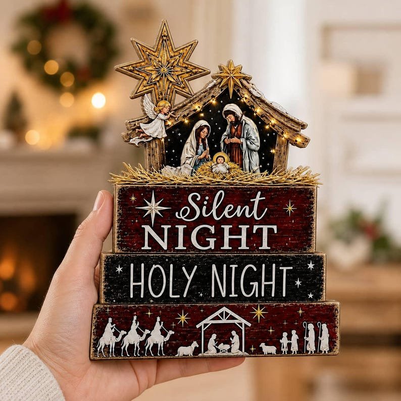 Silent Night Holy Night Nativity Wooden Sign, Christian Christmas Decor, Rustic Jesus Manger Scene, Religious Holiday Tabletop Gift WSXM01