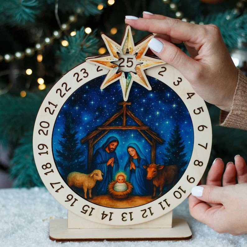 Wooden Nativity Advent Calendar, Spinning Wheel Christmas Countdown Decor, Holy Family Nativity Scene, Religious Christian Christmas Gift XMASW01