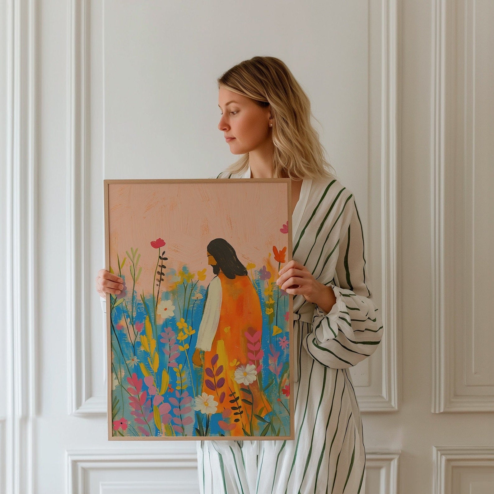 Jesus & The Wildflowers Poster, Modern Christian Art, Bible Verse Wall Art, Jesus Printable Poster, Colorful Prints