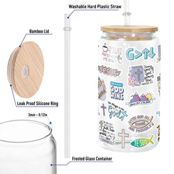 Christian Glass Can with Bamboo Lid and Straw, Scripture Cup, Bible Verse Sticker Design, Jesus Faith Iced Coffee Tumbler GCLAF30