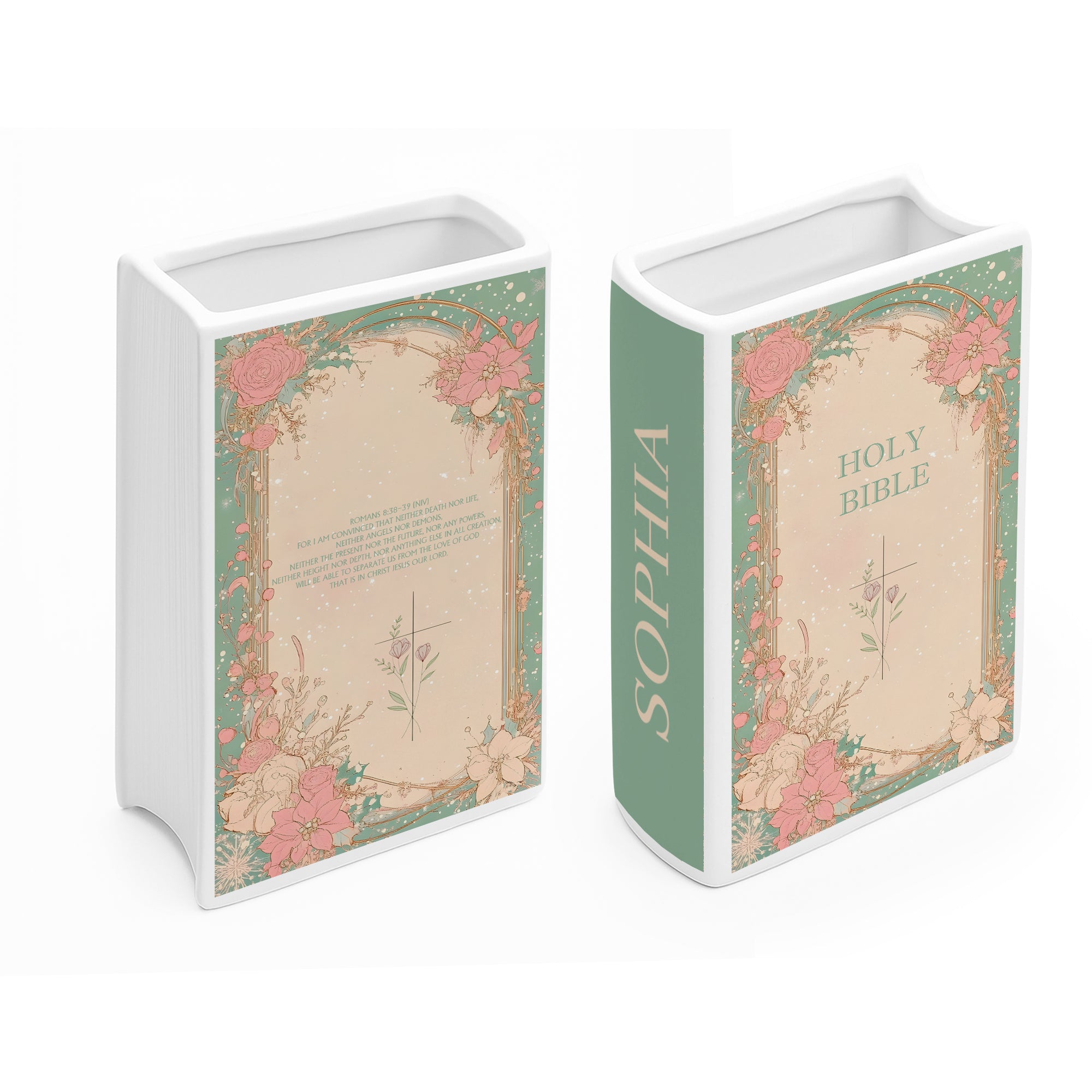 Personalized Christian Book Vase, Floral Holy Bible Ceramic Vase with Cross, Christmas Gift Decor, Easter or Baptism Decor CBLAF02