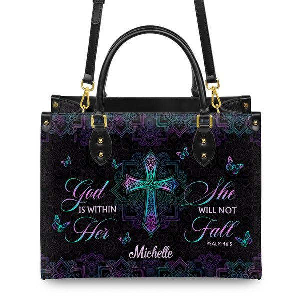 God Is Within Her She Will Not Fall Leather Bag, Personalized Leather Bag With Bible Verse