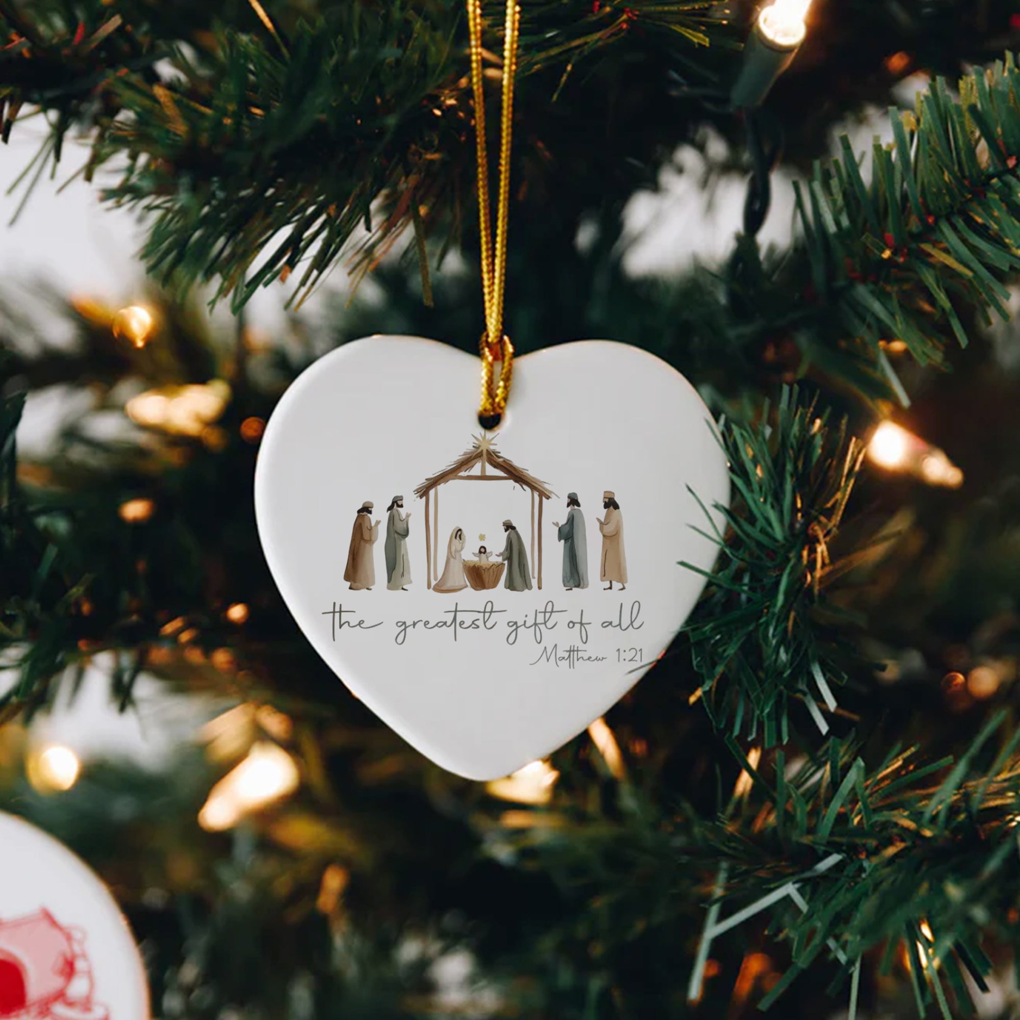 Nativity Scene Christmas Ornament, Christian Holiday Decoration, Greatest Gift of All Matthew 1:21, Religious Xmas Tree Decor DCLAF28