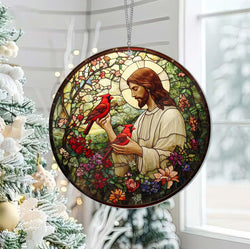 Jesus With Cardinals Suncatcher, Jesus Christ Decoration, Religious Christmas Decor