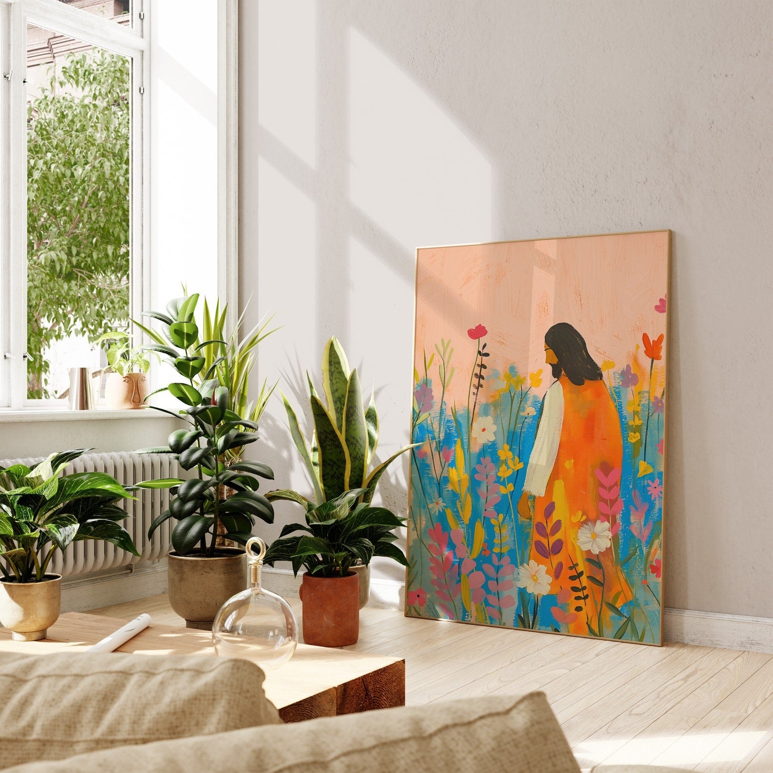 Jesus & The Wildflowers Poster, Modern Christian Art, Bible Verse Wall Art, Jesus Printable Poster, Colorful Prints