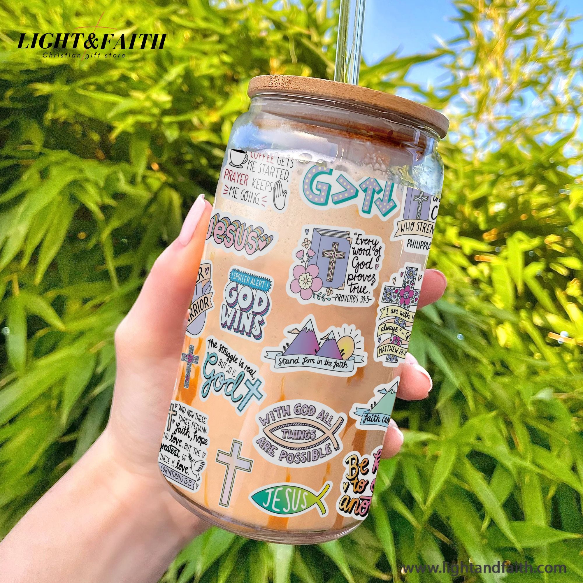 Christian Glass Can with Bamboo Lid and Straw, Scripture Cup, Bible Verse Sticker Design, Jesus Faith Iced Coffee Tumbler GCLAF30