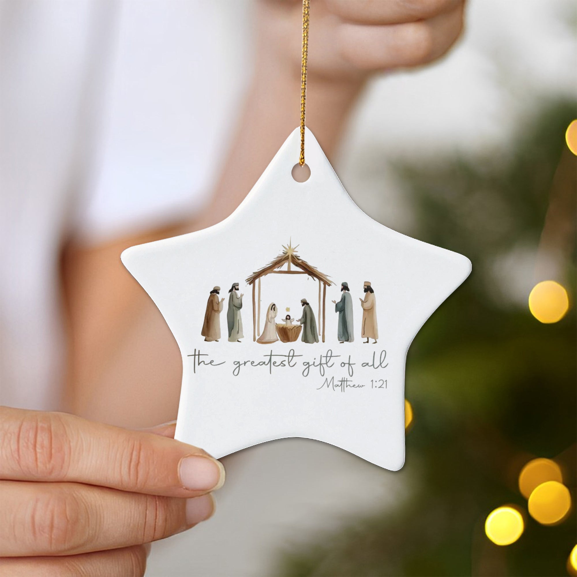 Nativity Scene Christmas Ornament, Christian Holiday Decoration, Greatest Gift of All Matthew 1:21, Religious Xmas Tree Decor DCLAF28