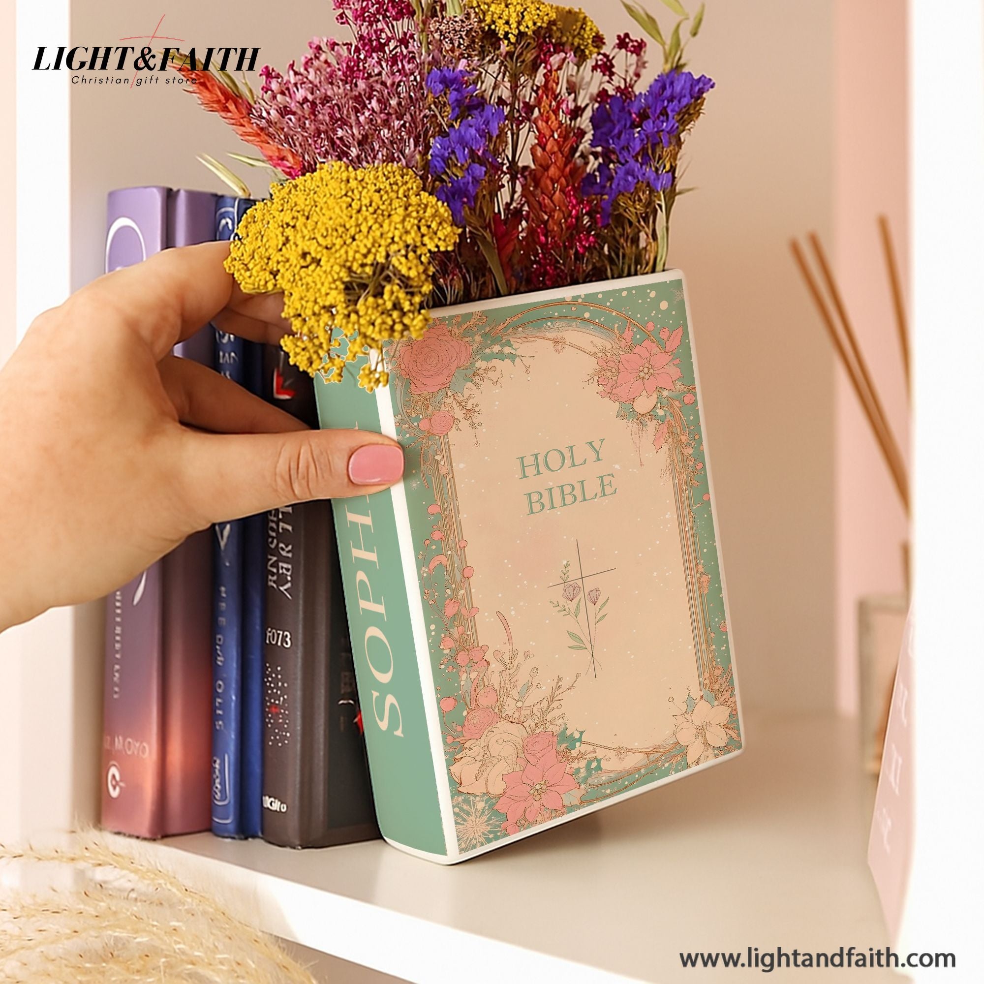 Personalized Christian Book Vase, Floral Holy Bible Ceramic Vase with Cross, Christmas Gift Decor, Easter or Baptism Decor CBLAF02