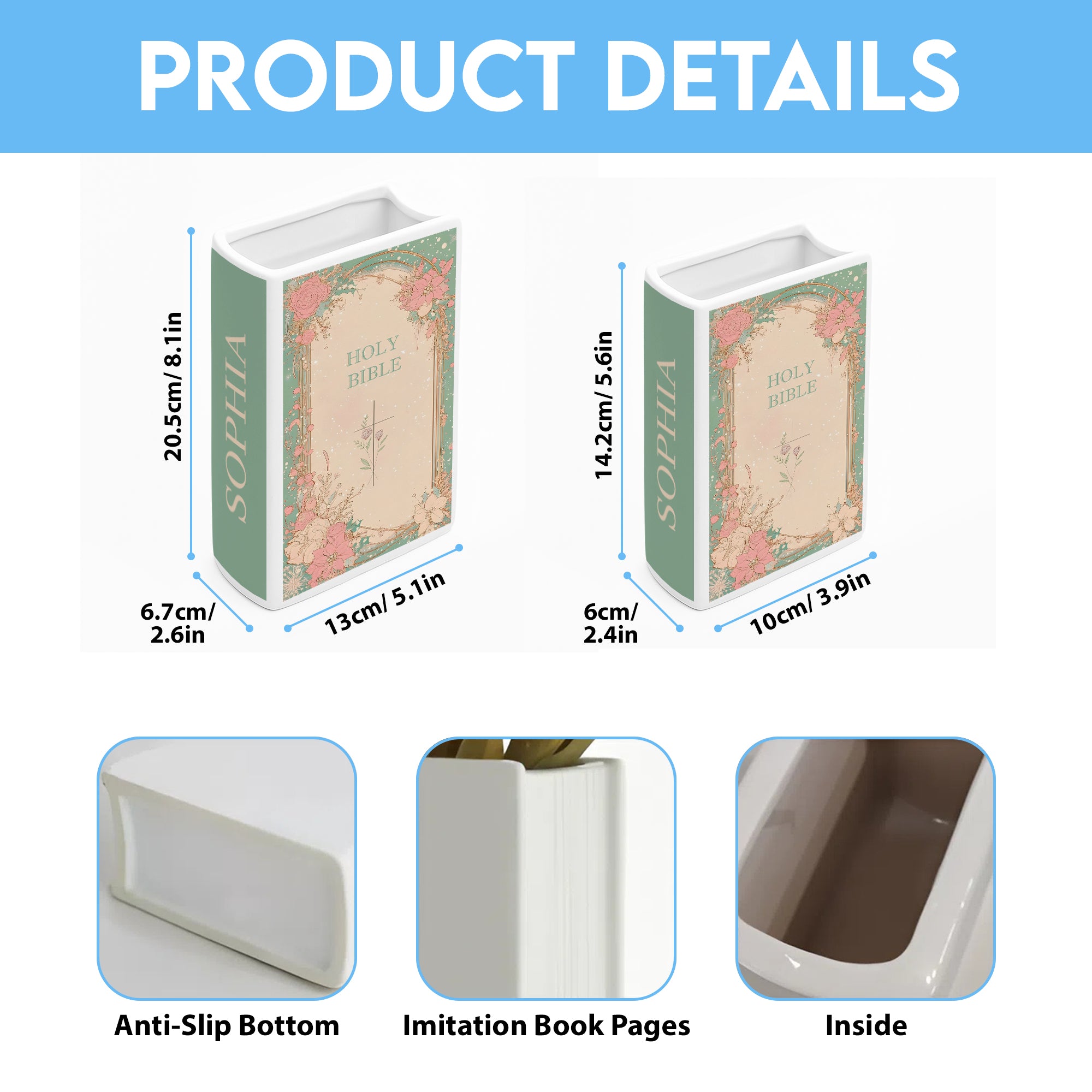 Personalized Christian Book Vase, Floral Holy Bible Ceramic Vase with Cross, Christmas Gift Decor, Easter or Baptism Decor CBLAF02