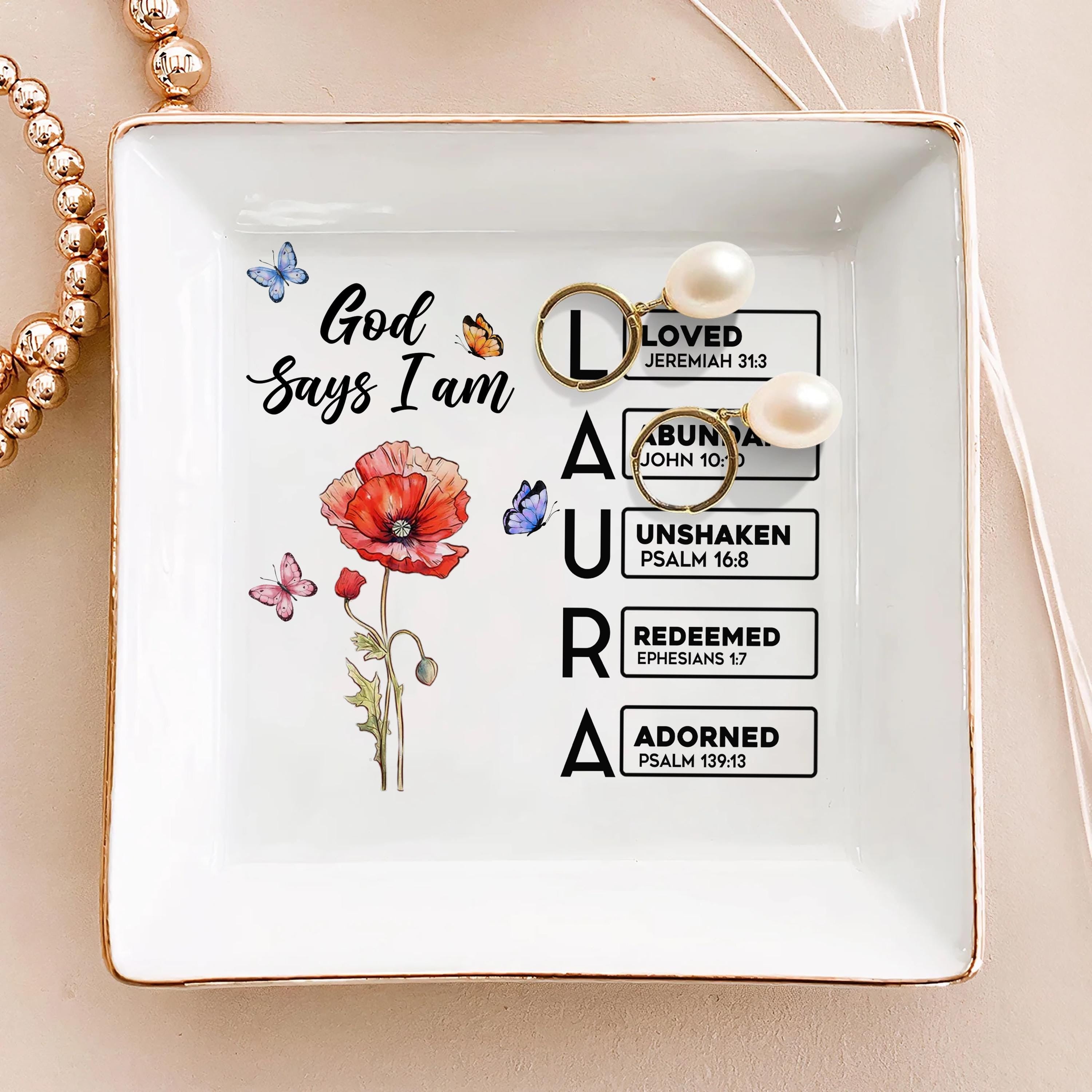 God Says I Am Name Letter In Bible Verse Jewelry Dish, Custom Scripture Gift for Women, Personalized Christian Jewelry Dish, Religious Gifts JDLAF03