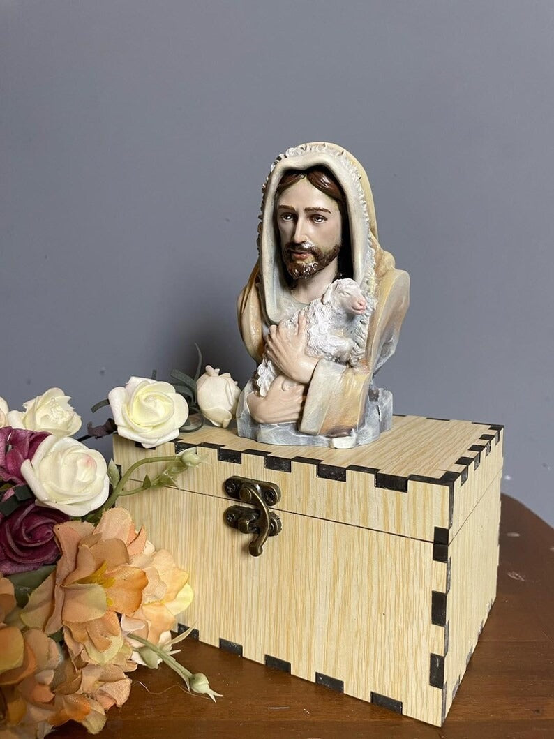 Hand Painted Jesus Good Shepherd Statue, Pastel Religious Figurine, Catholic Spiritual Gift, Car Dashboard Decor, Christian Home Altar