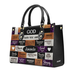 Personalized Christian Leather Handbag, God Says I Am Custom Name Purse with Bible Verses, Faith Based Religious Gift for Women BLAF32
