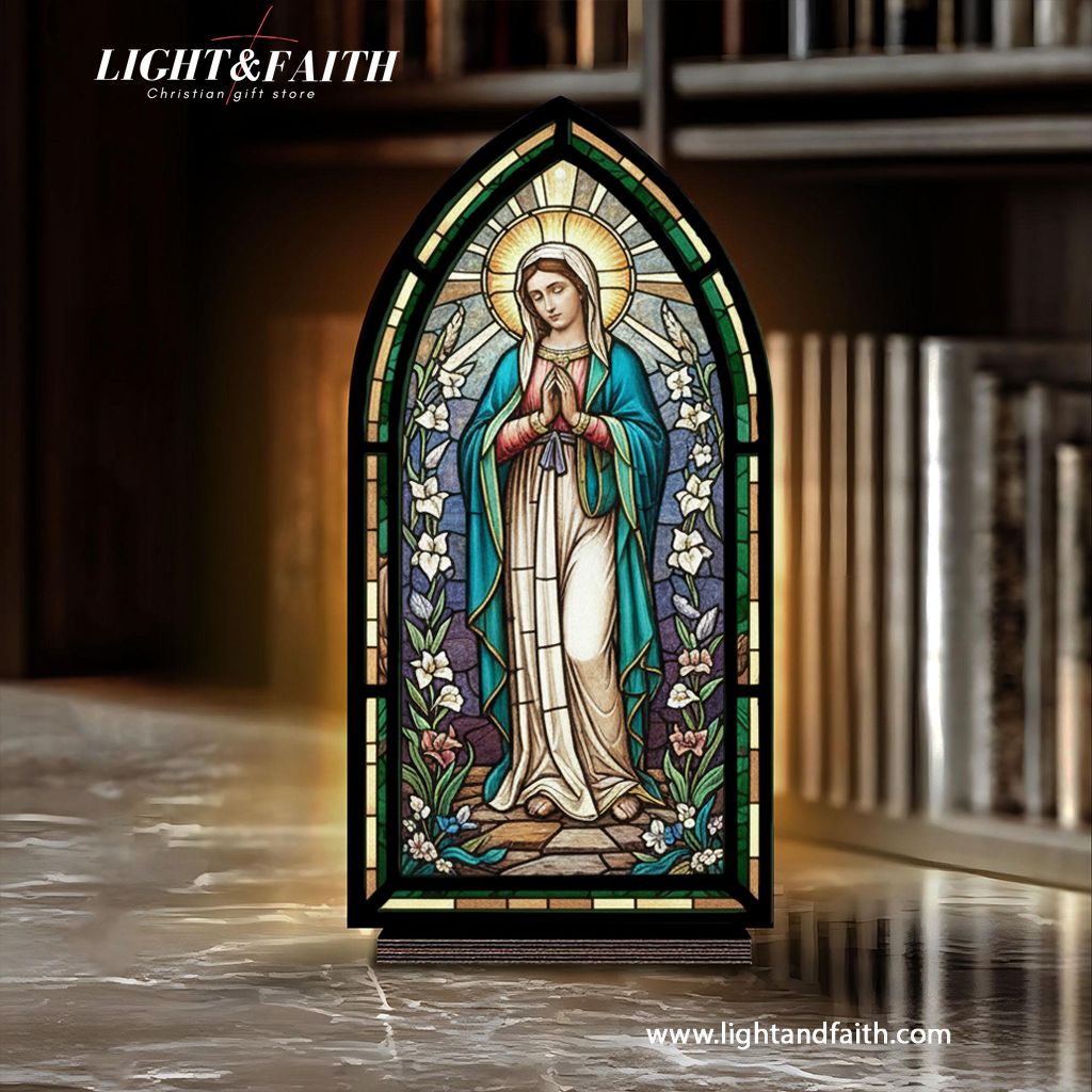 Our Lady of Grace Book Nook Light, Virgin Mary Stained Glass Style Decor, Christian Home Altar LED Lamp, Catholic Faith Gift for Prayer Room BNLAF20