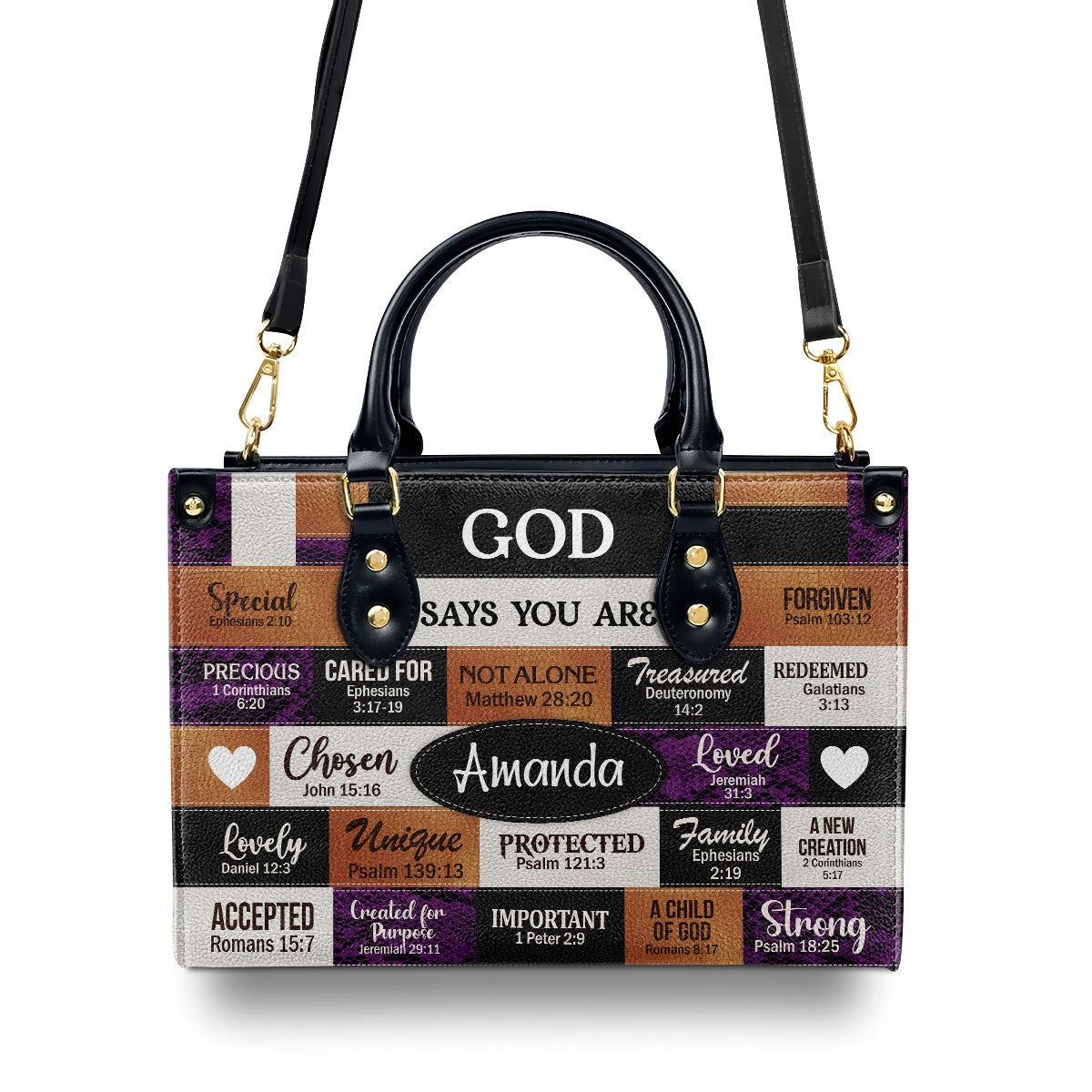 Personalized Christian Leather Handbag, God Says I Am Custom Name Purse with Bible Verses, Faith Based Religious Gift for Women BLAF32