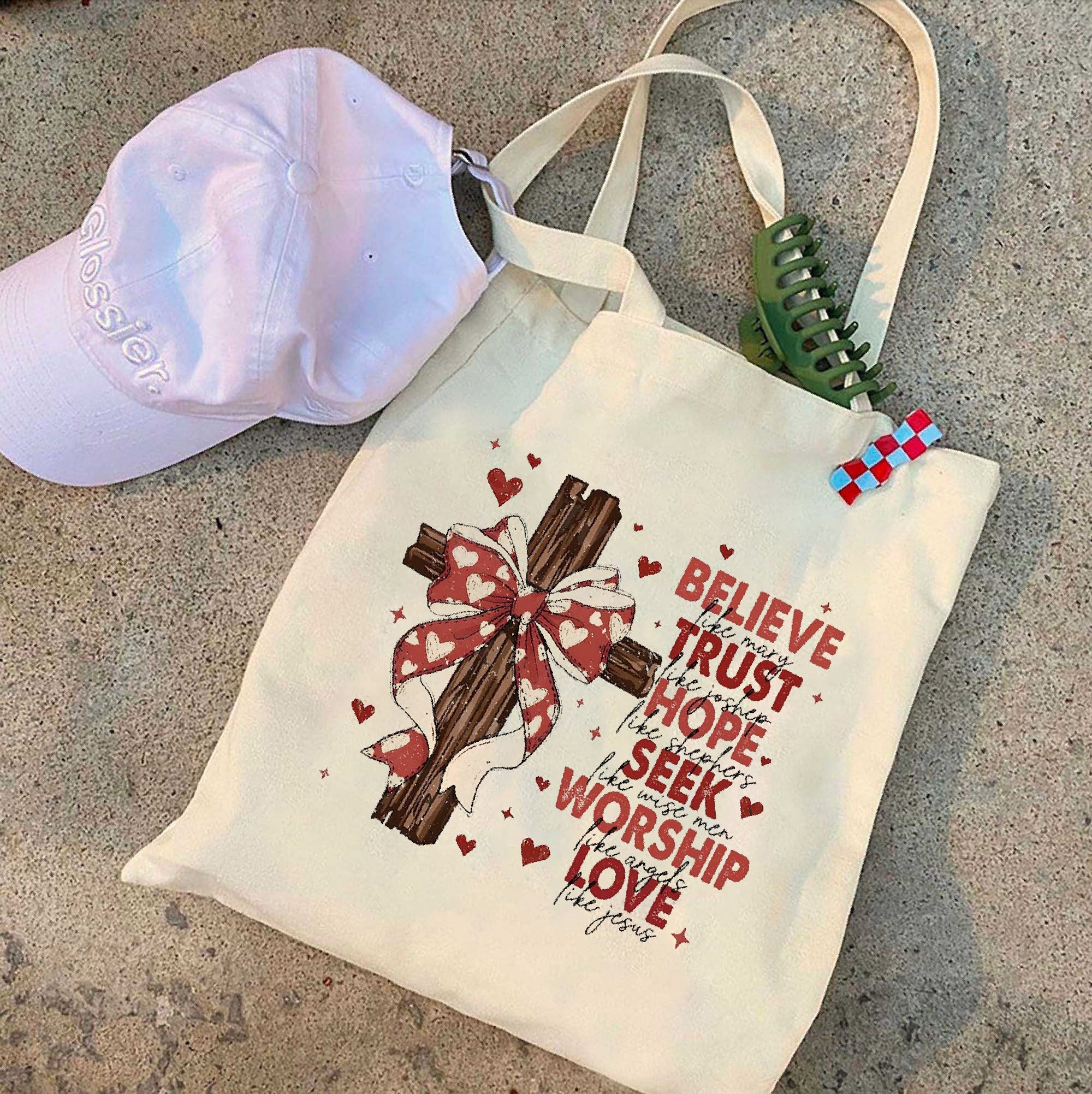 Coquette Christian Tote Bag – Bible Verse Canvas Tote – Aesthetic Jesus Tote – Floral Scripture Bag – Faith-Based Gift for Her – Reusable Church Tote TBLAF21