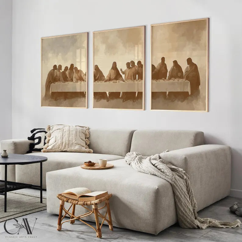 Set of 3 Last Supper Wall Art Modern Christian Art Sacred Gathering Three Piece Canvas Print