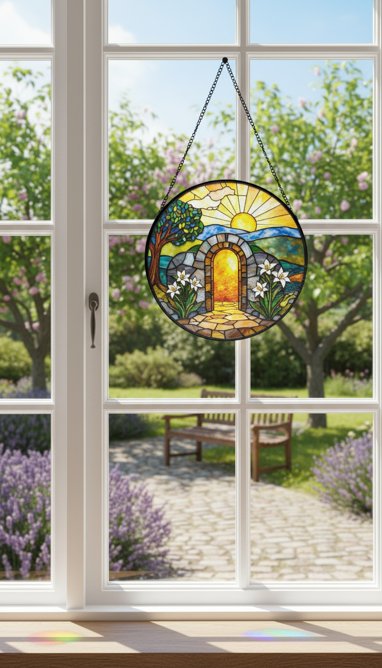 Empty Tomb Stained Glass Suncatcher, Resurrection Window Hanging, Christian Easter Decor, Religious Sun Catcher, Lily Window Art, Faith Gift SCLAF29