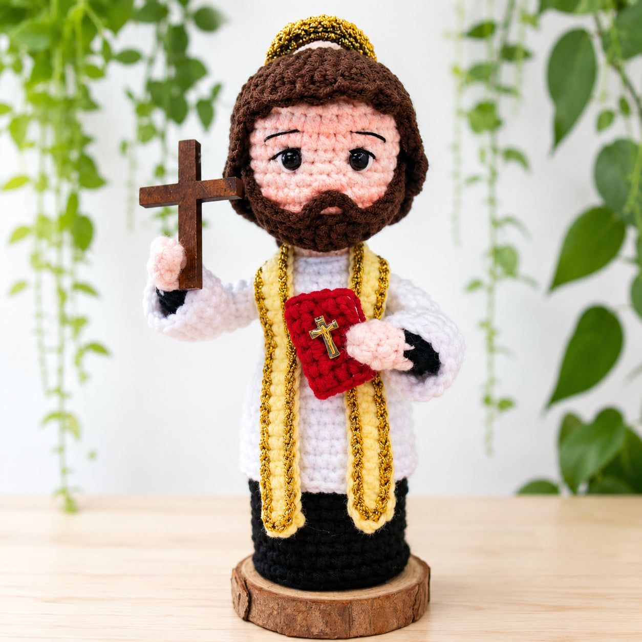 Handmade Crochet Saint Benedict Doll – Catholic Amigurumi Monk Figurine with Cross and Holy Bible, Christian Religious Gift, Home Altar Decor, Prayer Corner Keepsake, First Communion and Confirmation Gift CR16
