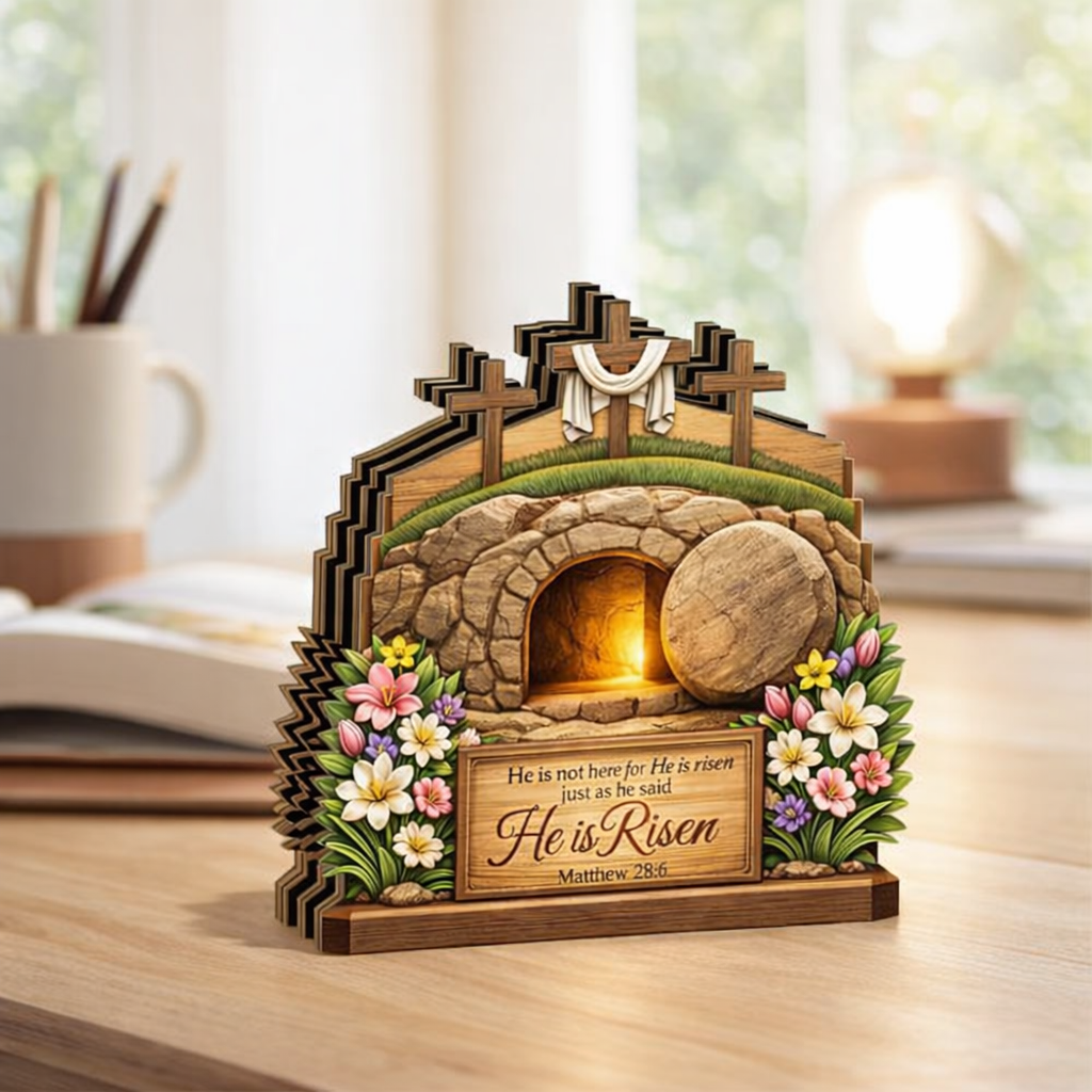 He Is Risen Easter Wooden Sign, Empty Tomb Cross Decor, Christian Tabletop Display, Faith Home Gift