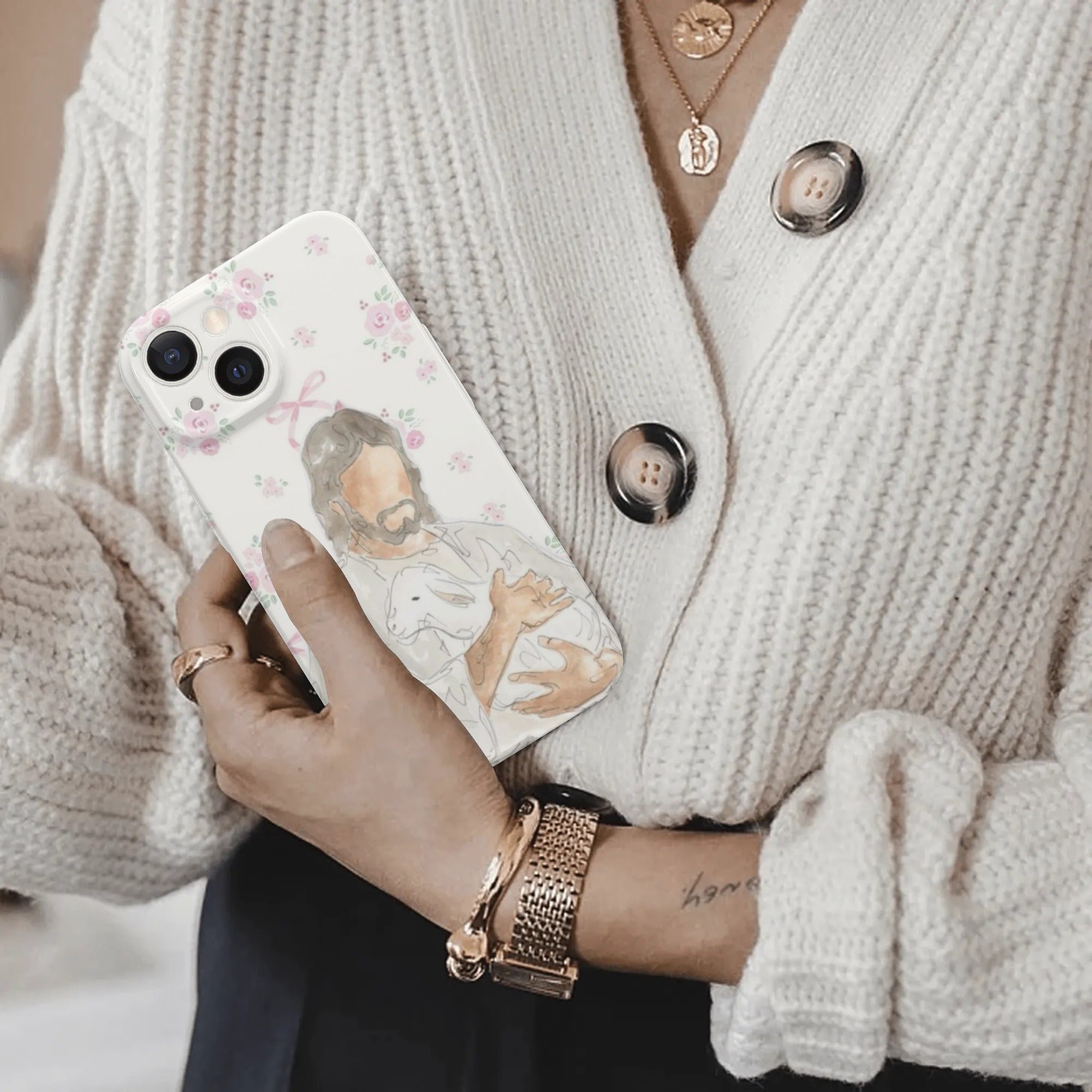 Christian Phone Case, Jesus Holding Lamb iPhone Case, Faith Phone Cover, Religious Gift, Minimal Floral iPhone Case, Christian Gift PCLAF80