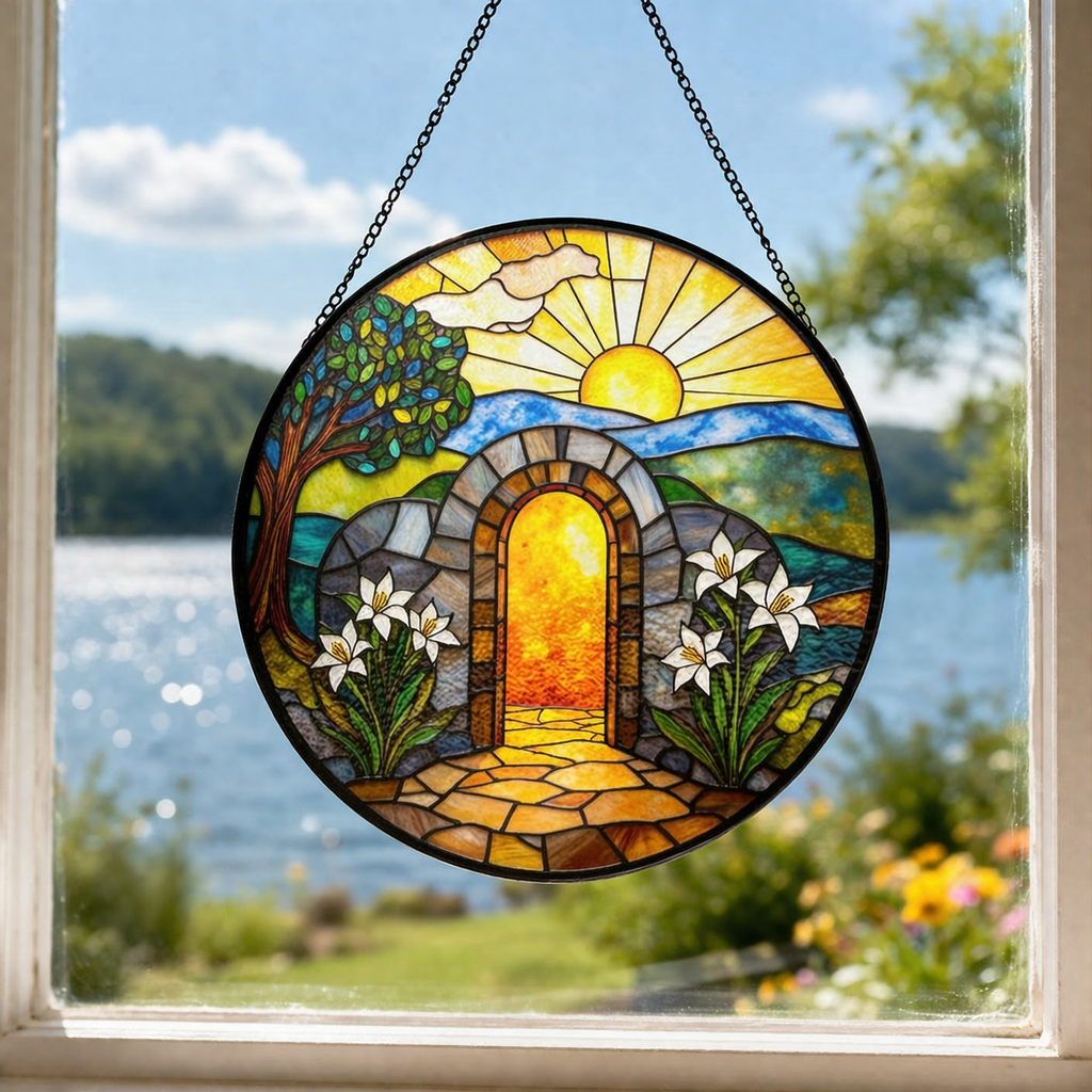 Empty Tomb Stained Glass Suncatcher, Resurrection Window Hanging, Christian Easter Decor, Religious Sun Catcher, Lily Window Art, Faith Gift SCLAF29