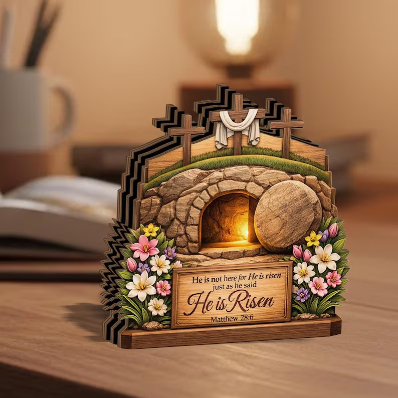He Is Risen Easter Wooden Sign, Empty Tomb Cross Decor, Christian Tabletop Display, Faith Home Gift