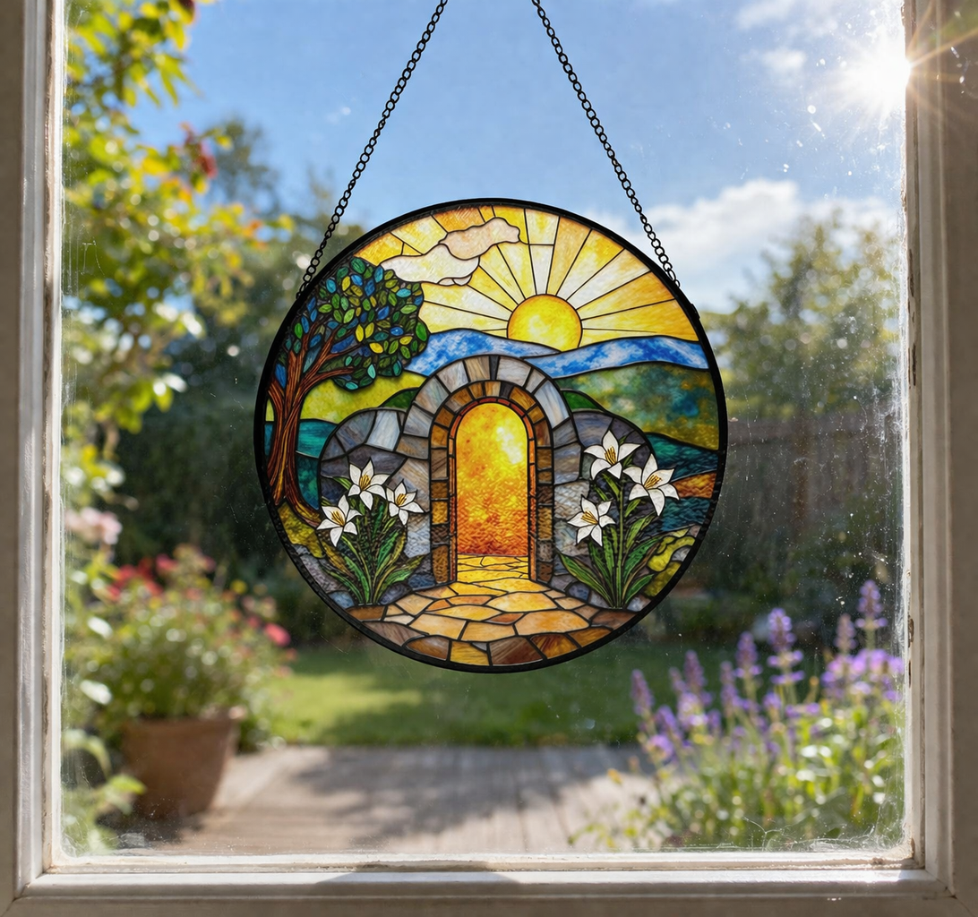 Empty Tomb Stained Glass Suncatcher, Resurrection Window Hanging, Christian Easter Decor, Religious Sun Catcher, Lily Window Art, Faith Gift SCLAF29