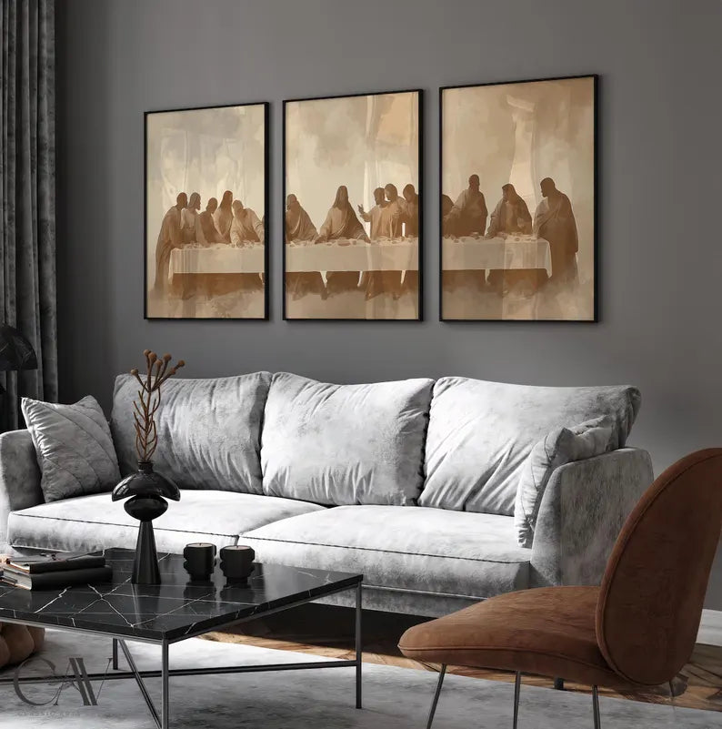 Set of 3 Last Supper Wall Art Modern Christian Art Sacred Gathering Three Piece Canvas Print