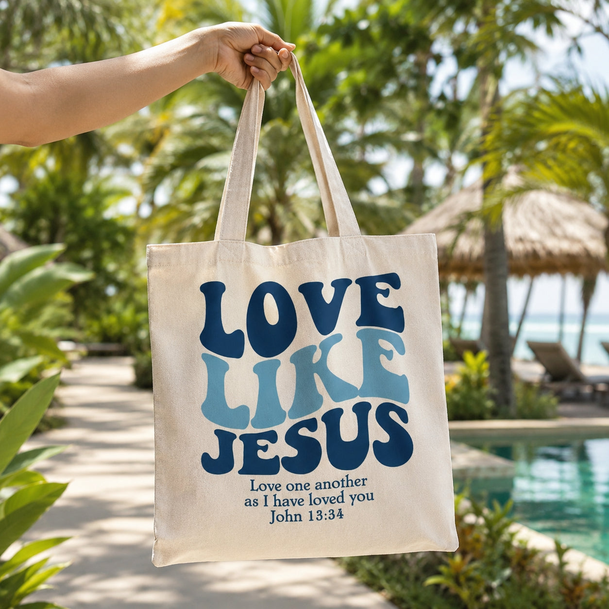 Love Like Jesus Canvas Tote Bag, Christian Tote Bag for Women, Blue Faith Bag, Retro Jesus Lover Church Gift TBLAF83