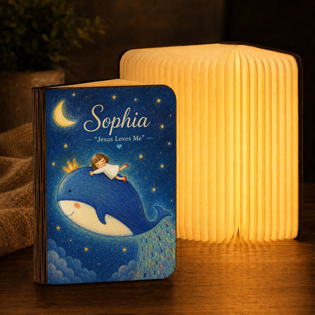 Personalized Christian Kids Book Lamp, Jesus Loves Me Whale Night Light, Custom Name Faith Nursery Decor, Religious Gift for Girl, Bible Study Gift BLLAF16
