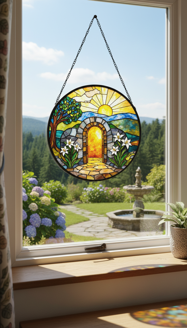 Empty Tomb Stained Glass Suncatcher, Resurrection Window Hanging, Christian Easter Decor, Religious Sun Catcher, Lily Window Art, Faith Gift SCLAF29