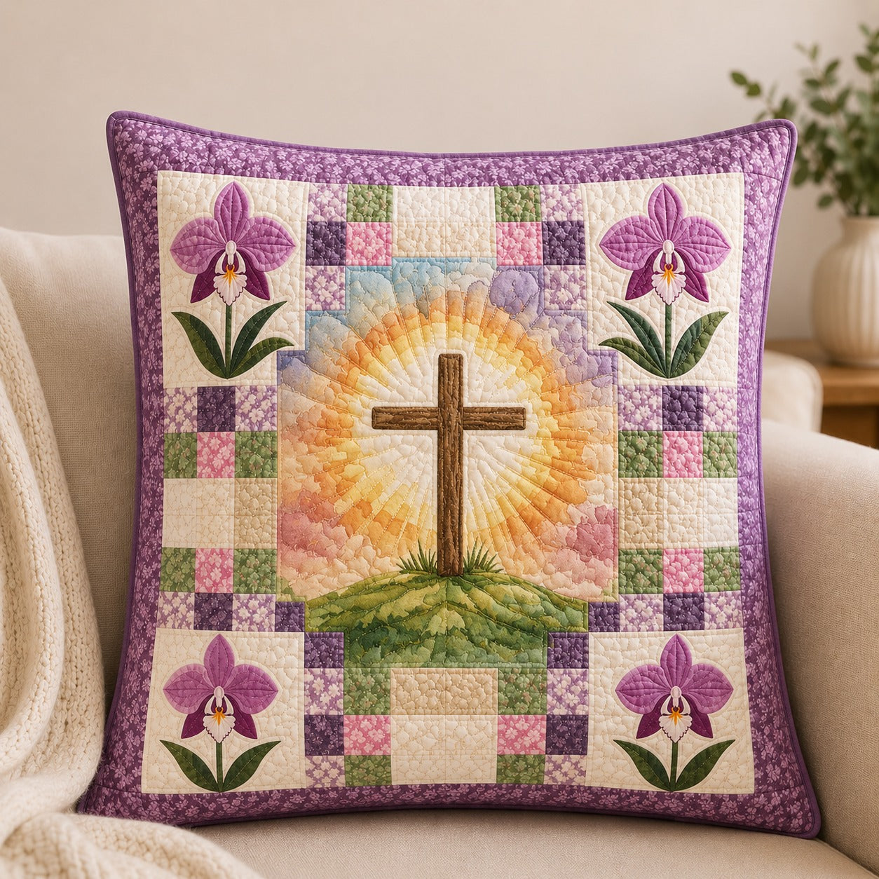 Orchid Cross Quilted Pillow Case, Christian Floral Pillow Cover, Purple Faith Home Decor, Religious Gift for Women QPILLOW19