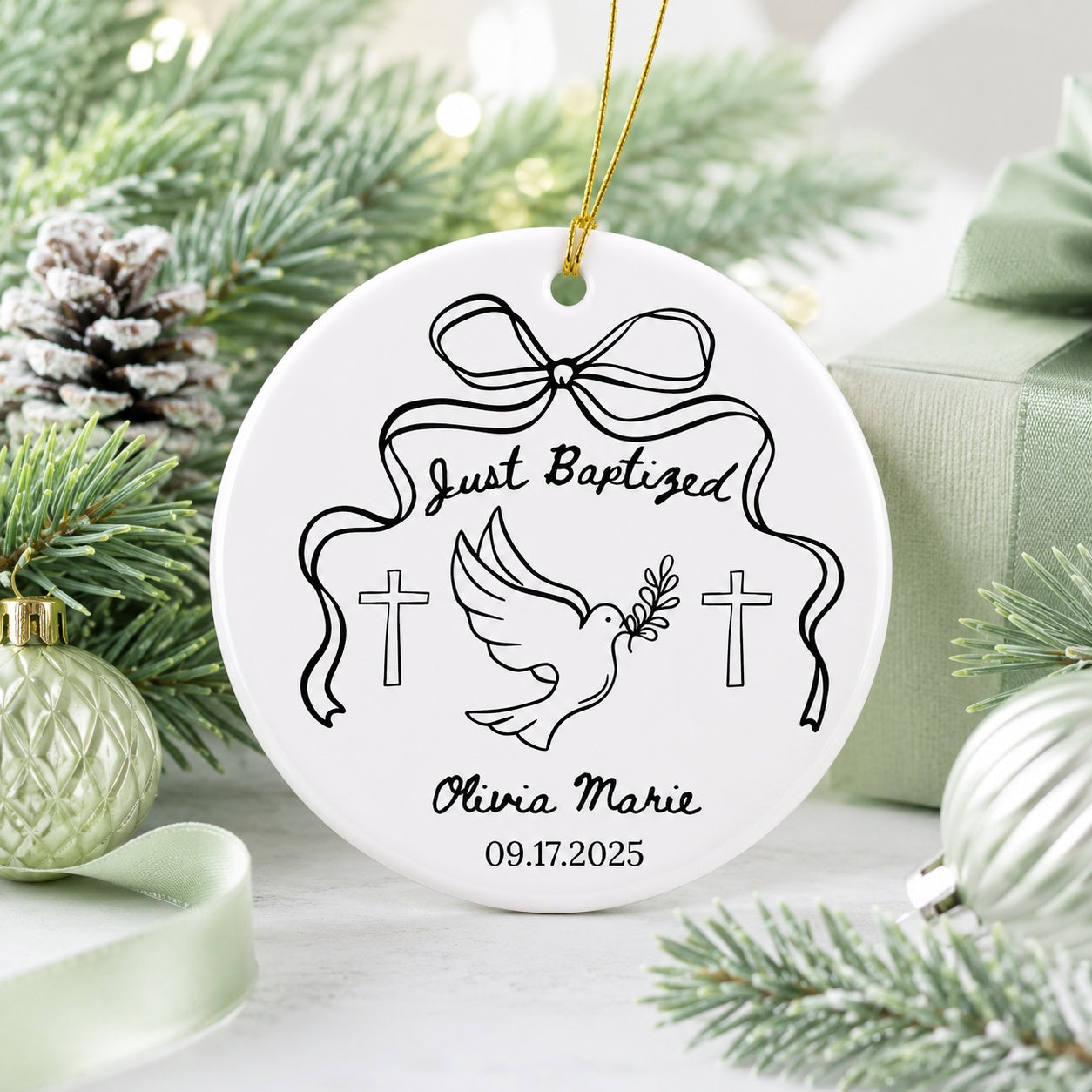 Personalized Just Baptized Ceramic Ornament, Dove and Cross Christian Keepsake, Custom Name and Date Baptism Gift, Baby Ornament CRMO20
