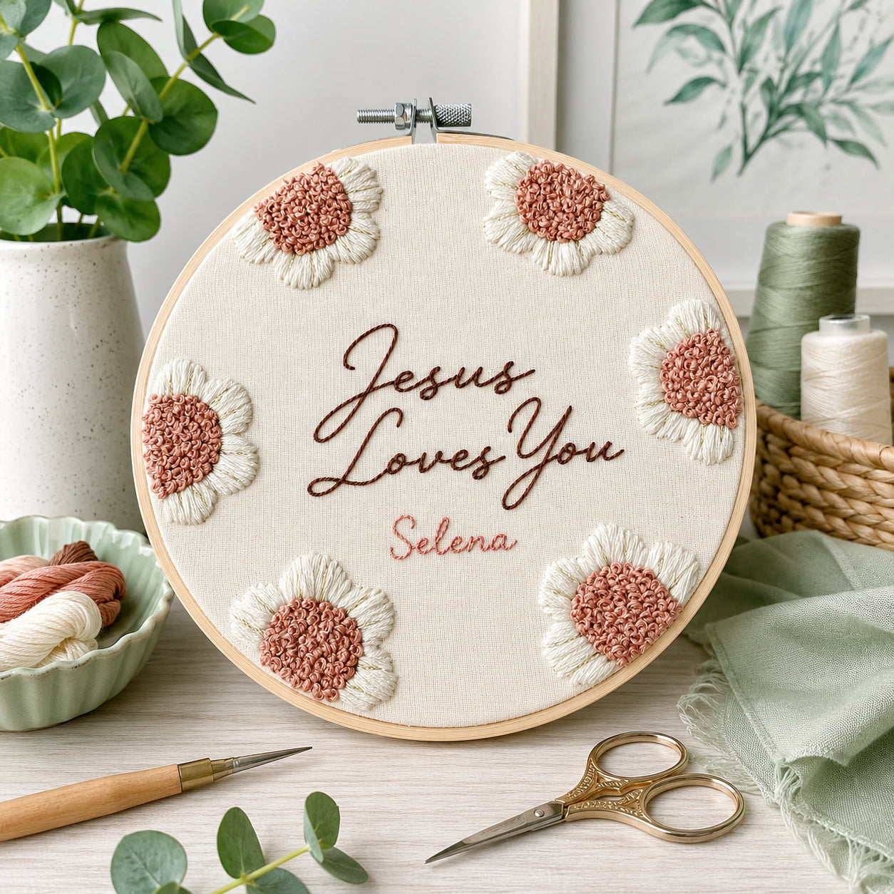 Personalized Jesus Loves You Embroidery Hoop Art, Christian Hook Art, Wall Decor, Hand Embroidered Flower Wreath, Wheatear Embroidery Hoop EH02