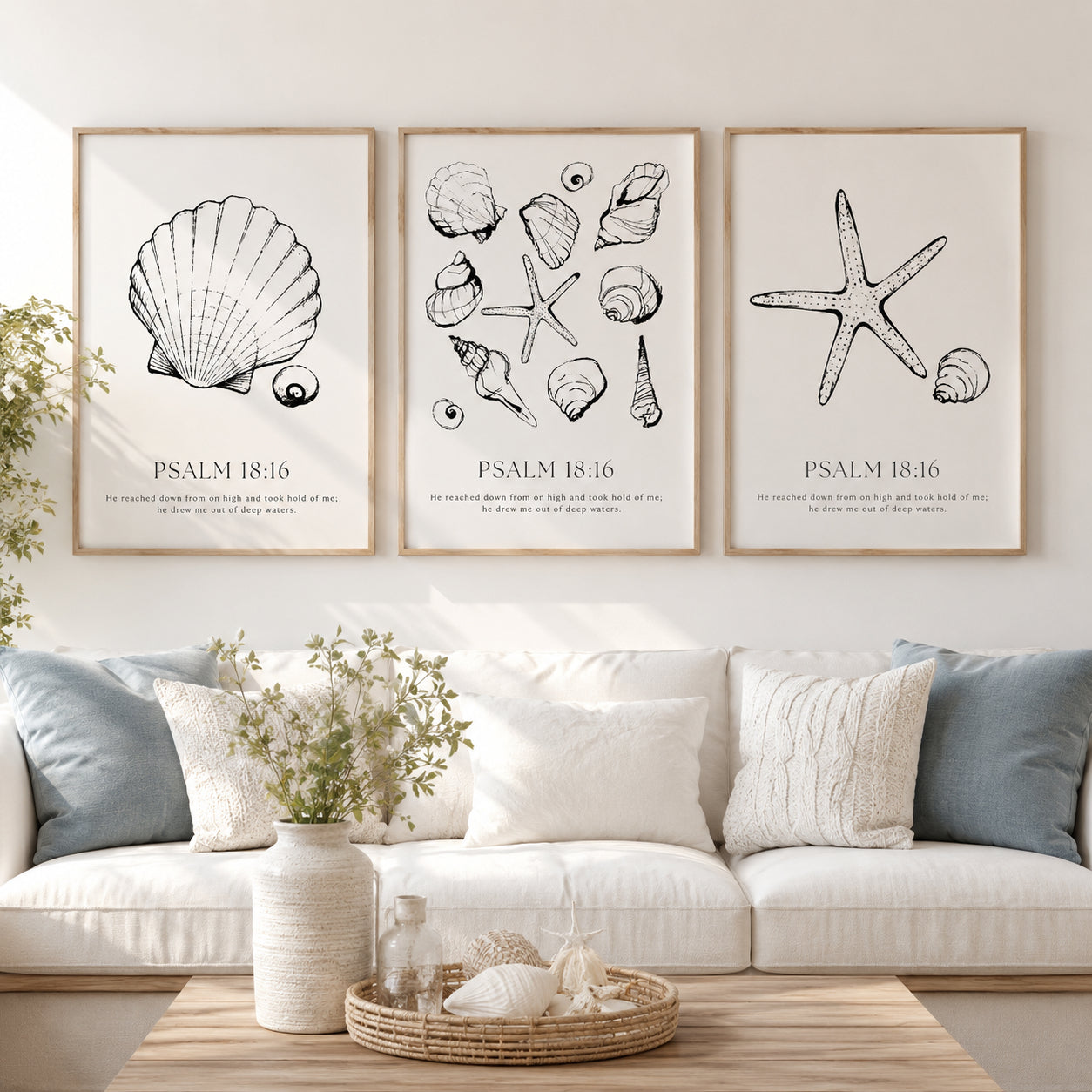 Christian Coastal Wall Art Set of 3, Psalm 18:16 Seashell and Starfish Posters, Neutral Beach Bible Verse Home Decor PTSET14