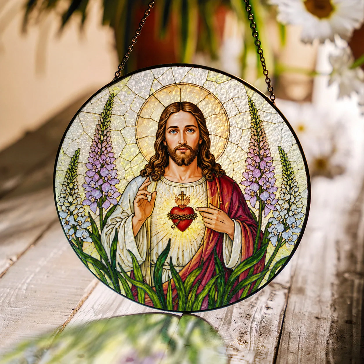 Sacred Heart of Jesus Stained Glass Suncatcher – Christian Jesus Window Hanging, Catholic Religious Faith Home Decor Gift GLASS20
