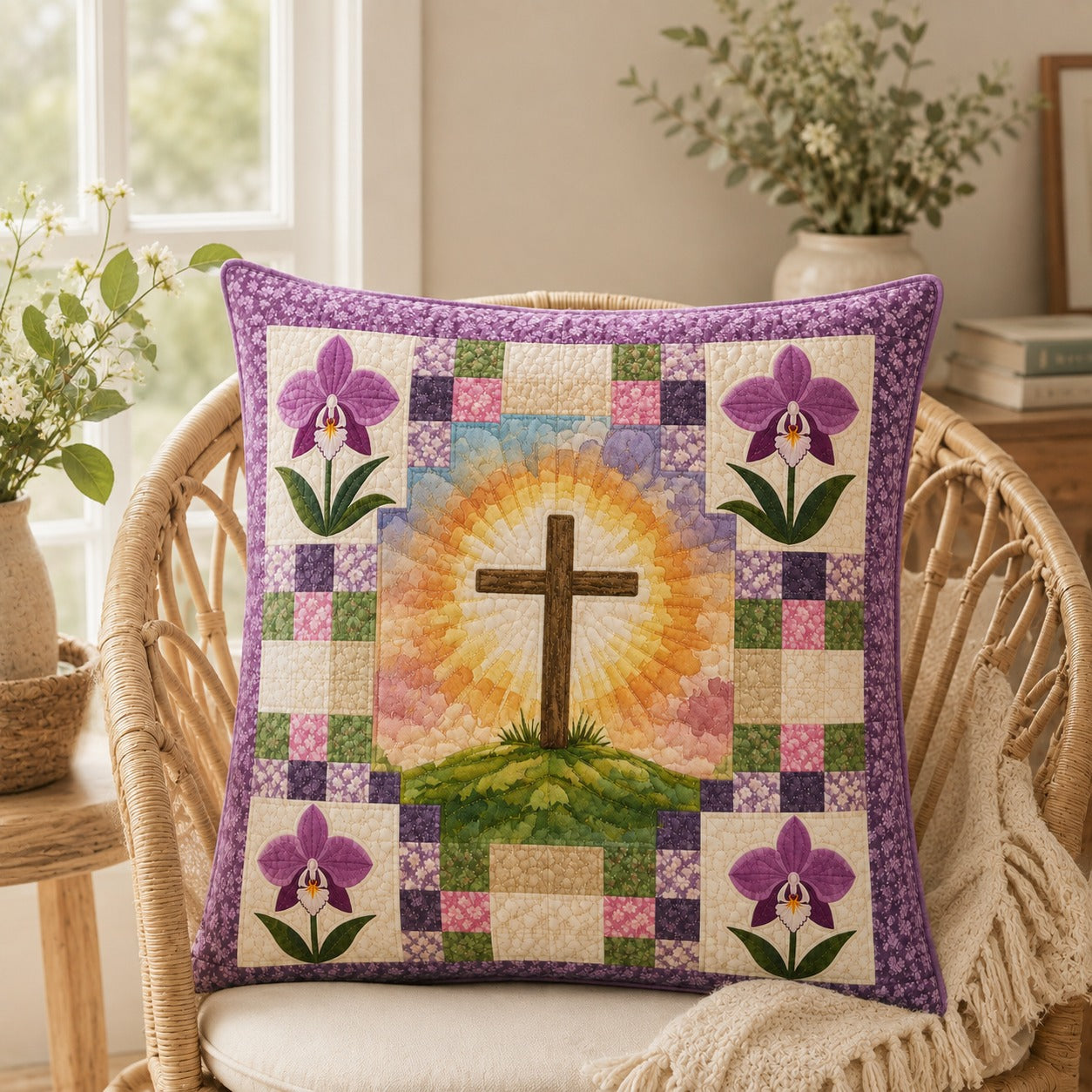 Orchid Cross Quilted Pillow Case, Christian Floral Pillow Cover, Purple Faith Home Decor, Religious Gift for Women QPILLOW19